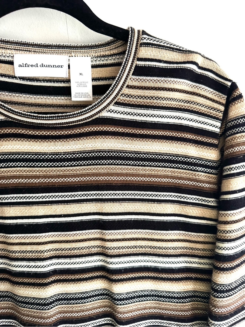 Alfred Dunner Striped Crewneck Sweater - Black, Cream, Brown